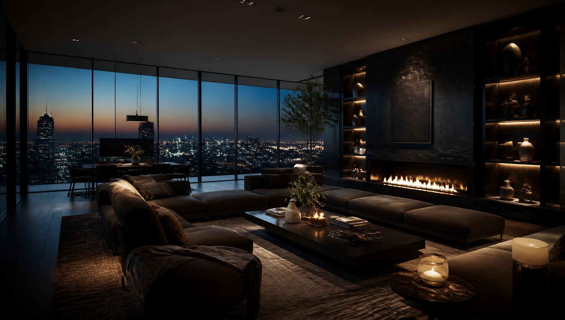 Luxury living room at twilight overlooking a city skyline