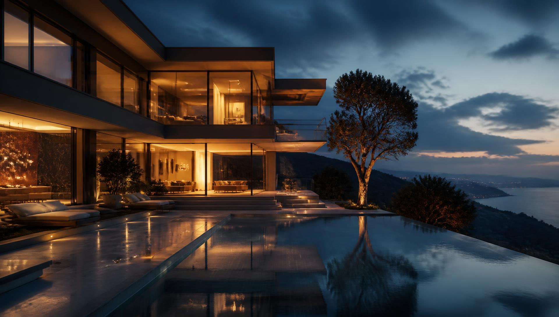 Cinematic still of a contemporary luxury estate at dusk with an infinity pool and glass architecture