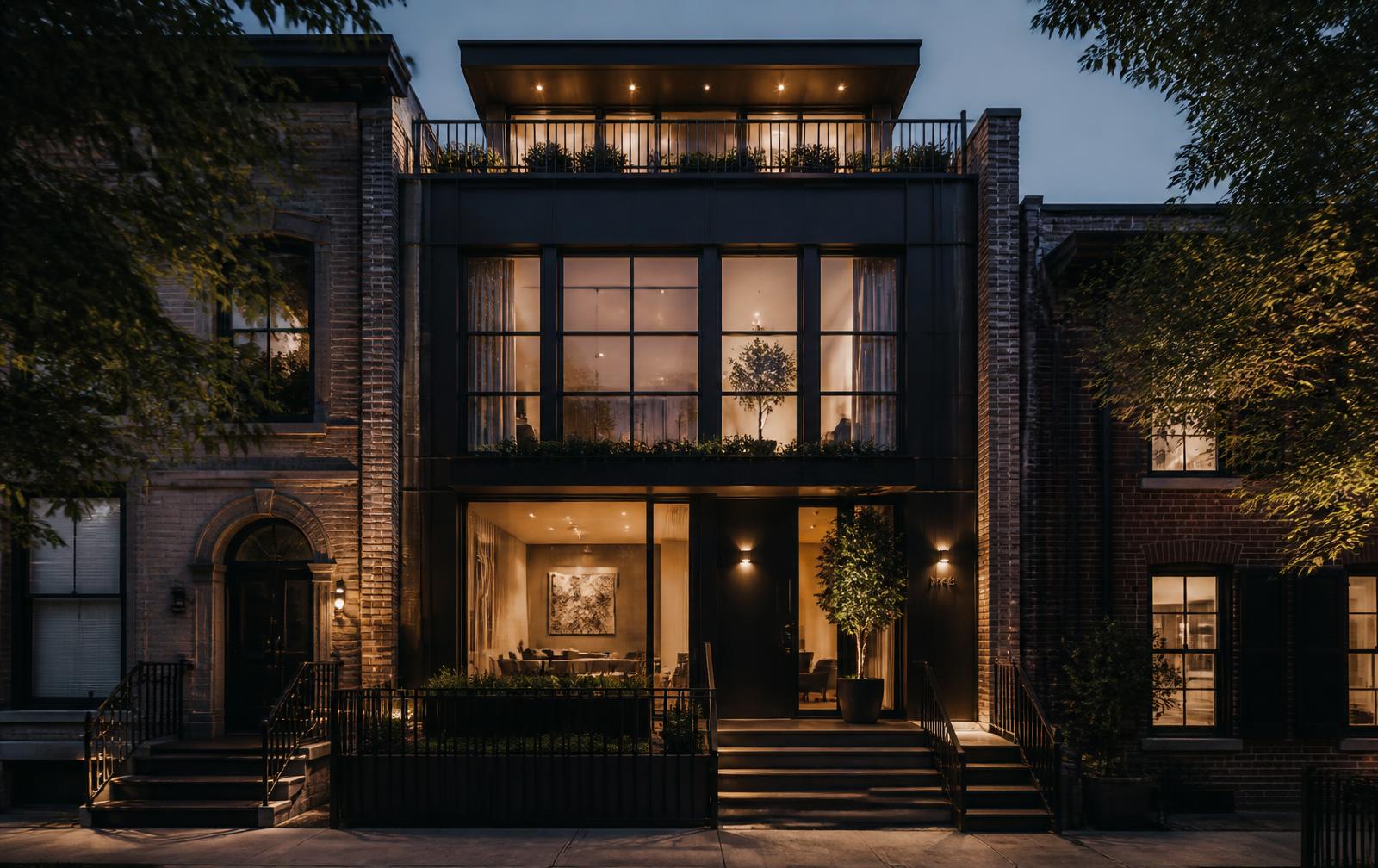 Cinematic property film still of a premium residence at dusk