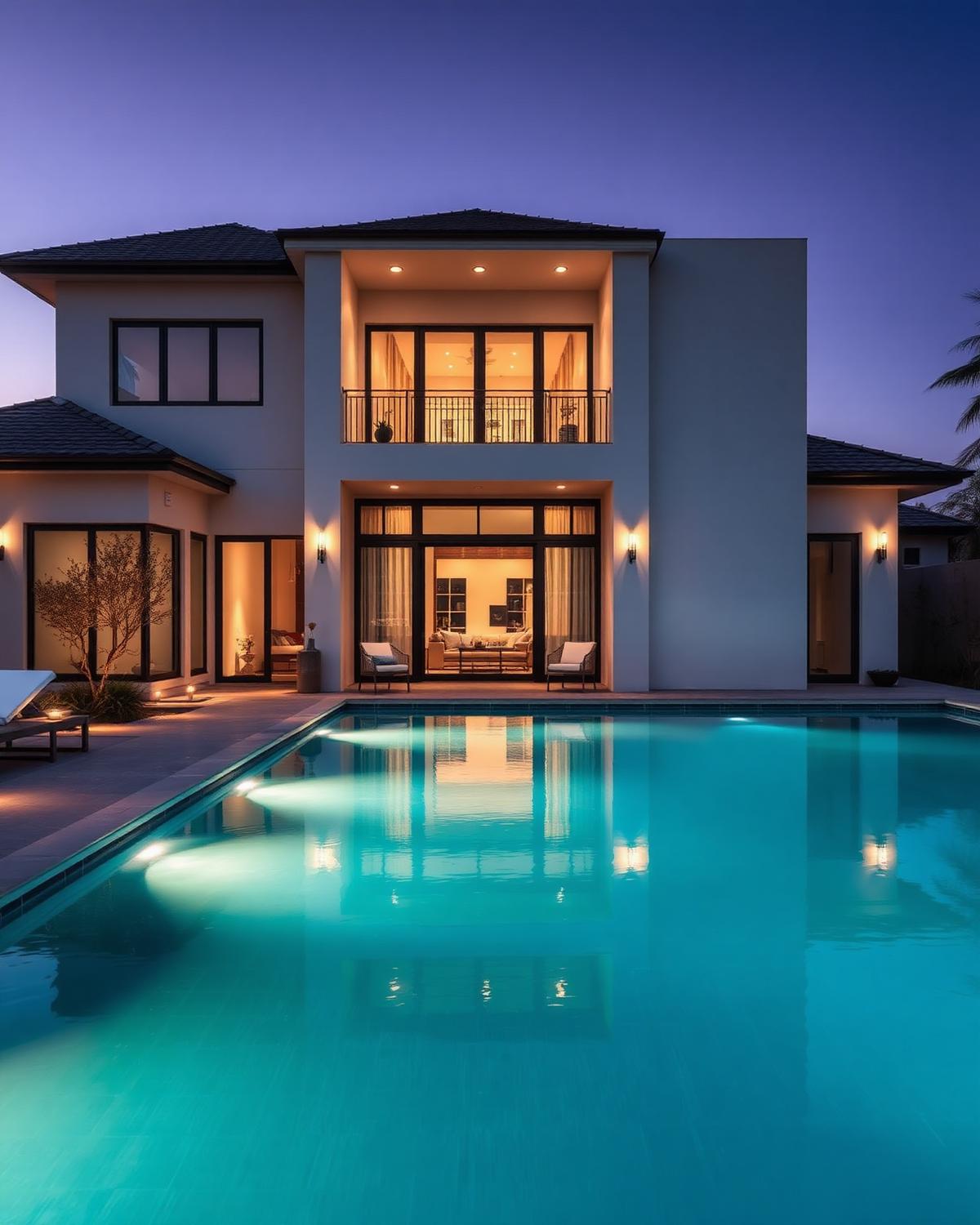 Luxury residence at dusk with lit pool