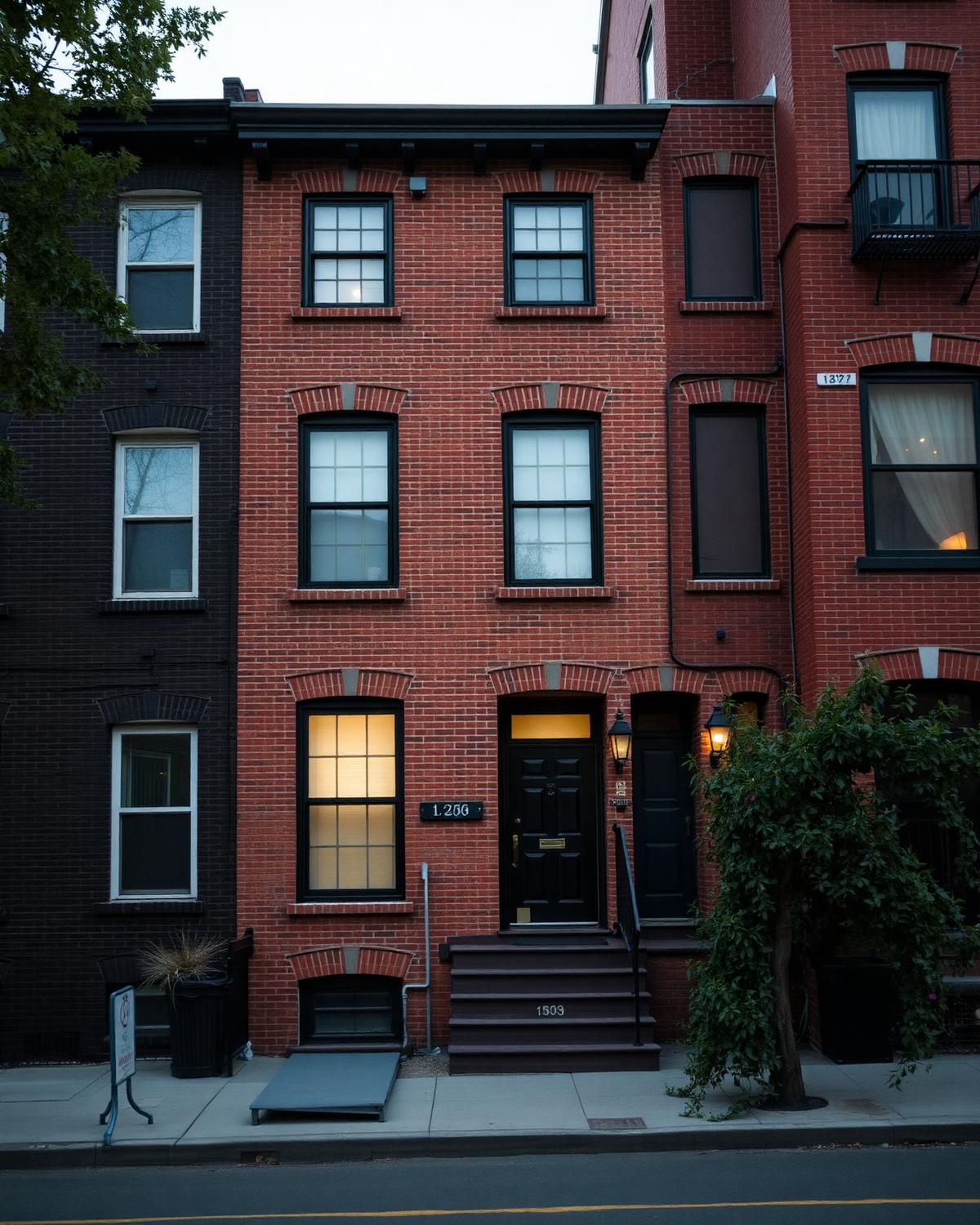 Historic urban rowhome facade at evening